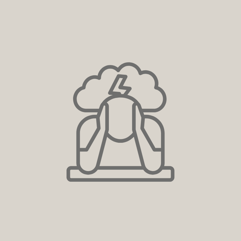 Person holding the head with both hands, surrounded by a cloud with lightning.
